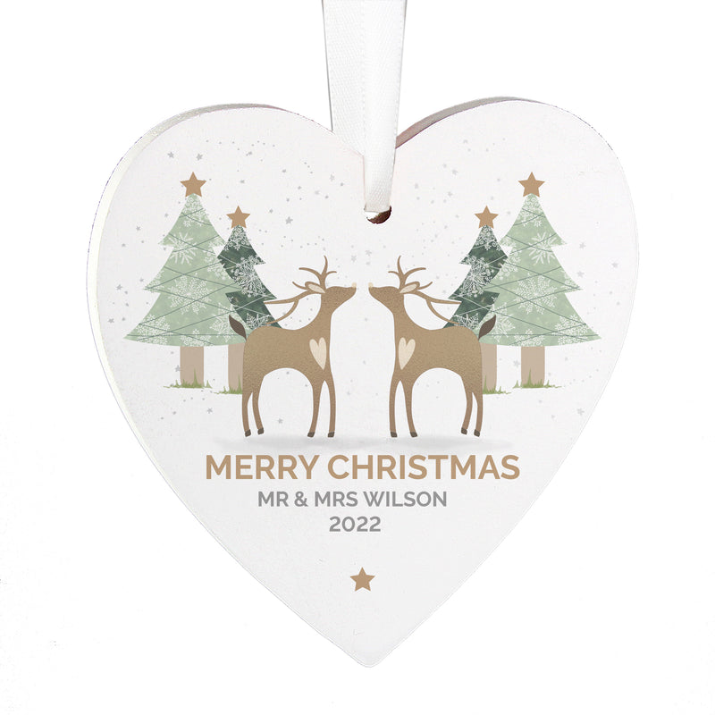 Personalised Reindeer Couple Wooden Heart Decoration