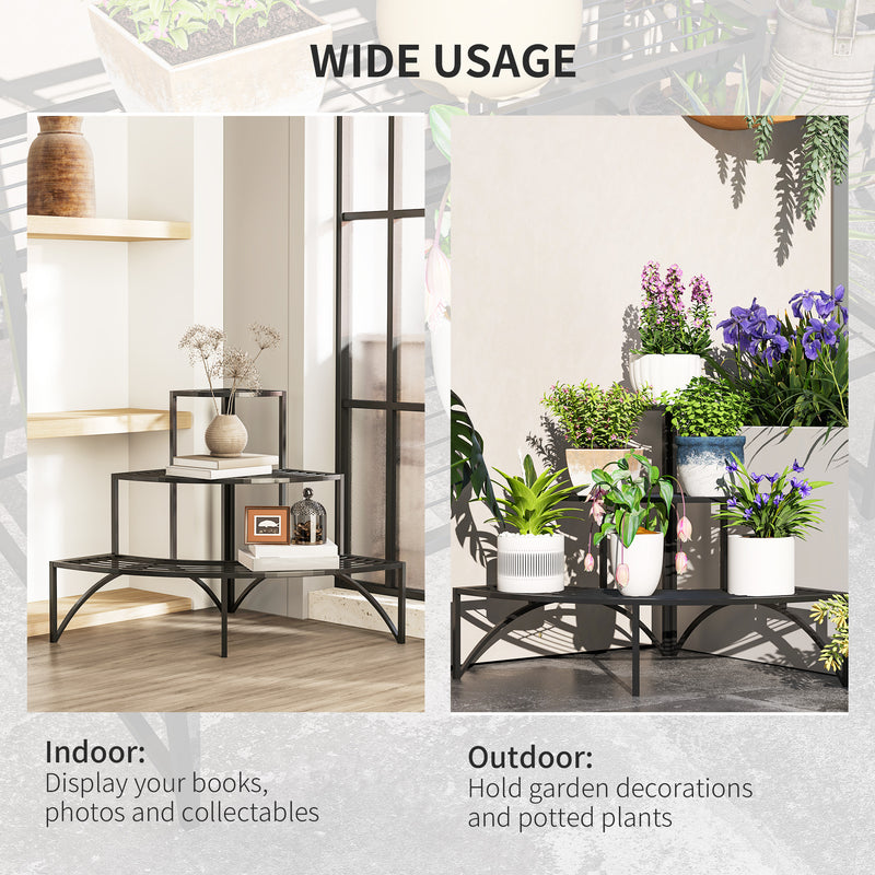 Outsunny 3 Tier Metal Corner Plant Stand for Garden Balcony Patio, Black