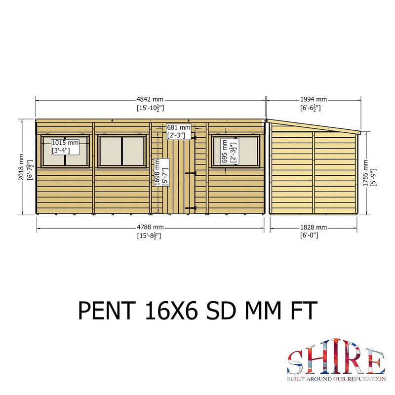 Pent 16 X 6 Shiplap Shed