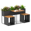PE Rattan Garden Planter Table with Built-in Chairs and Storage Space