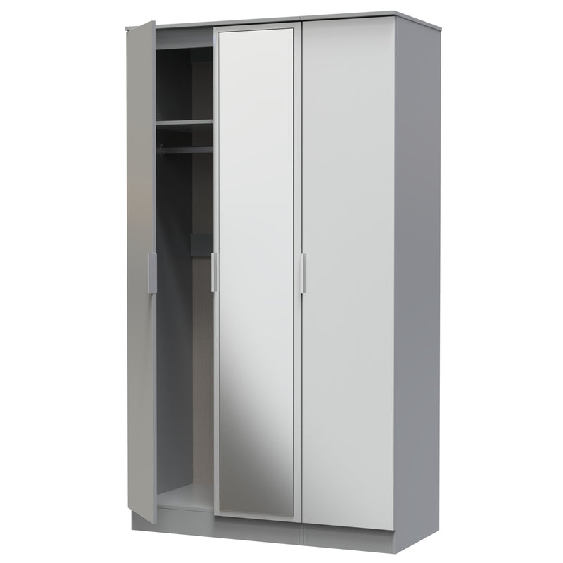 Paris Ready Assembled Wardrobe with Triple Mirror  - Uniform Gloss & Dusk Grey