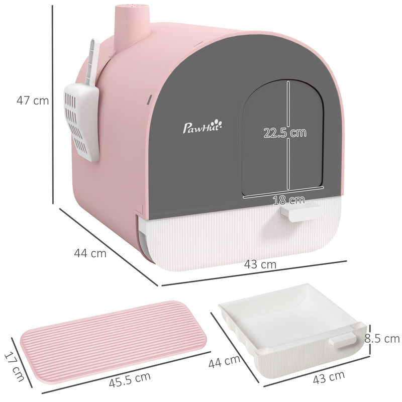 PawHut Cat Litter Box Kitten Litter Tray w/ Lid, Scoop, Filter, Flap Door, Pink