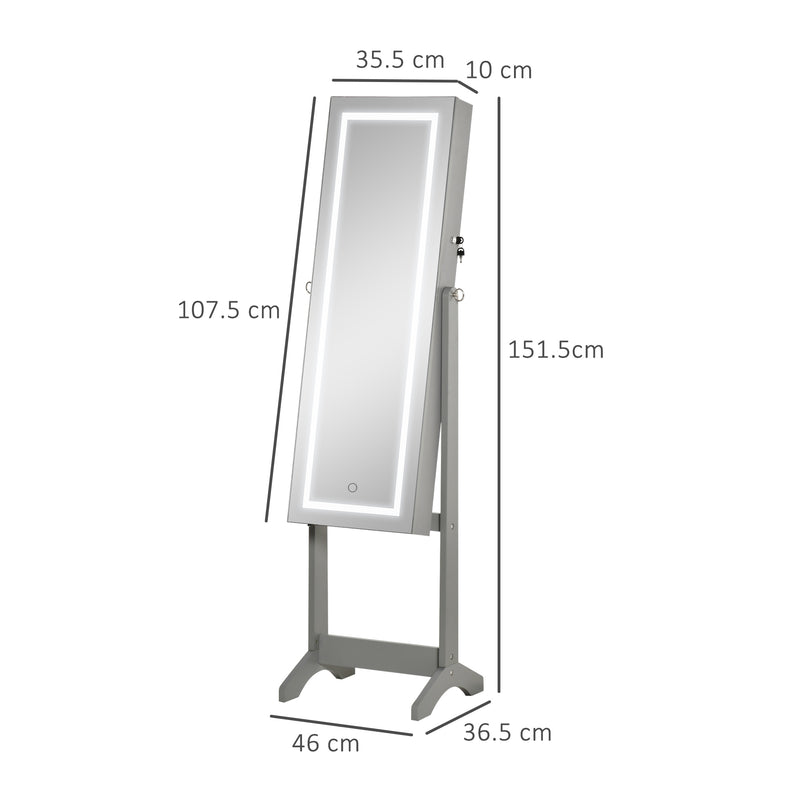 HOMCOM Mirrored Jewellery Cabinet W/ LED Light Lockable Jewellery Armoire Grey