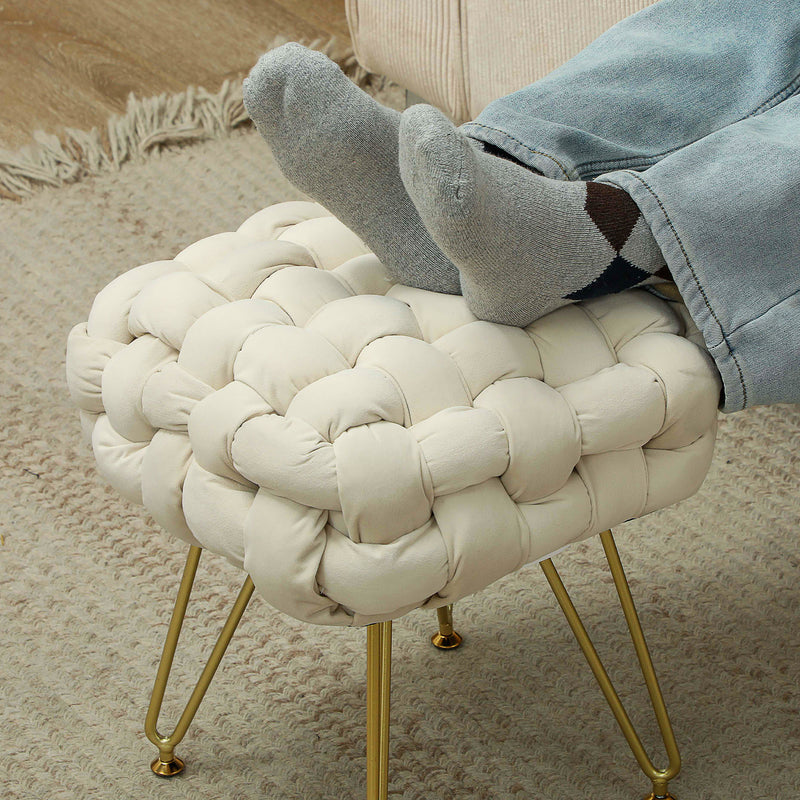 HOMCOM Woven Velvet Foot Stool with Steel Legs for Living Room, Cream White