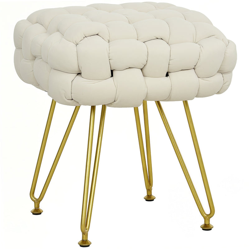 HOMCOM Woven Velvet Foot Stool with Steel Legs for Living Room, Cream White