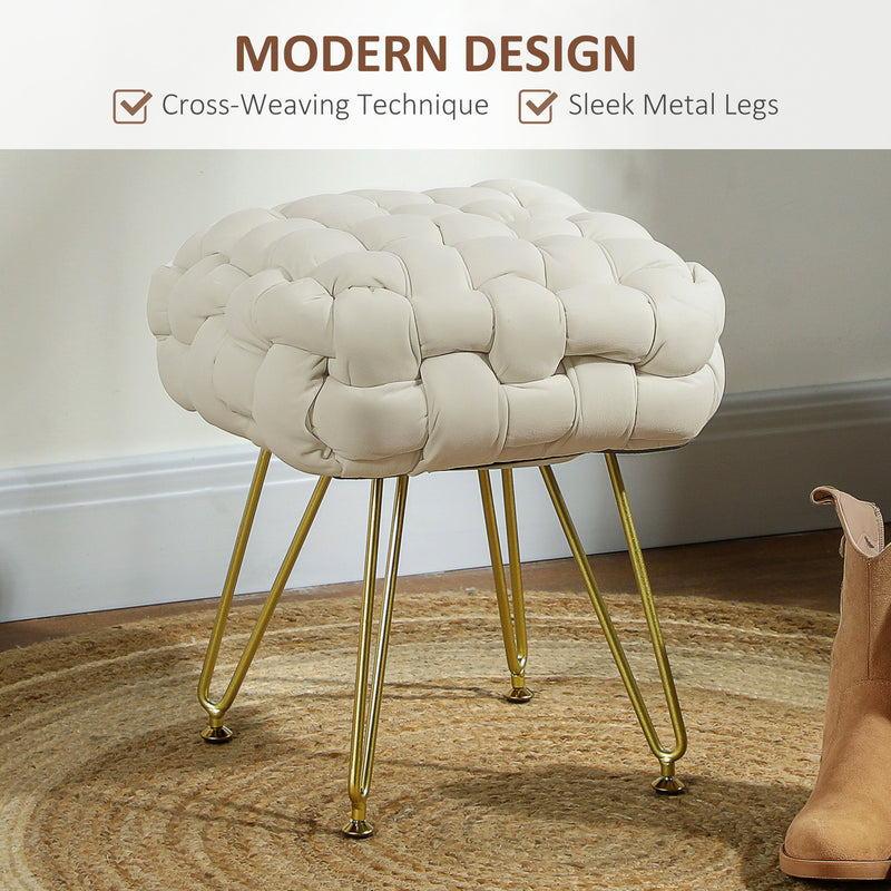 HOMCOM Woven Velvet Foot Stool with Steel Legs for Living Room, Cream White