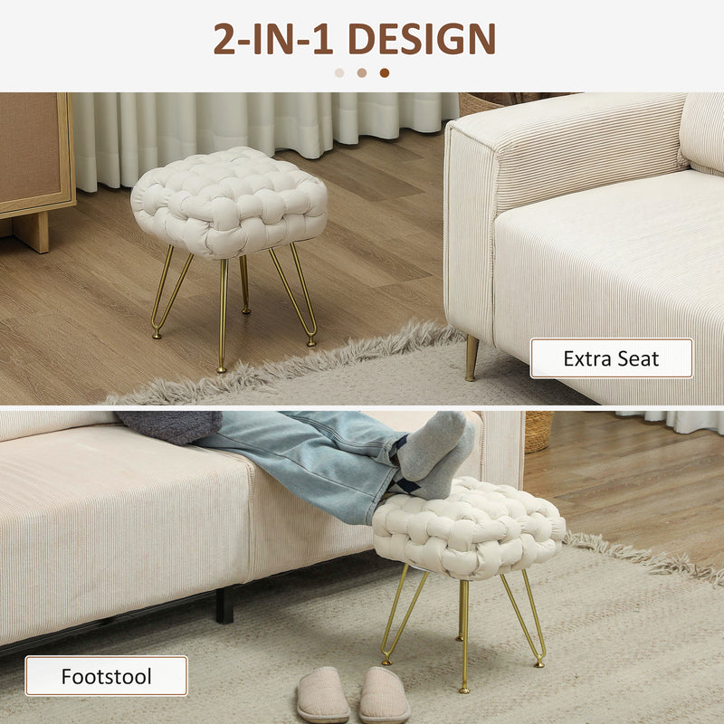 HOMCOM Woven Velvet Foot Stool with Steel Legs for Living Room, Cream White