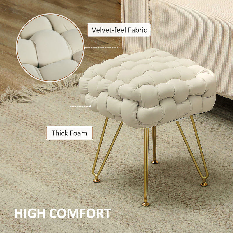 HOMCOM Woven Velvet Foot Stool with Steel Legs for Living Room, Cream White