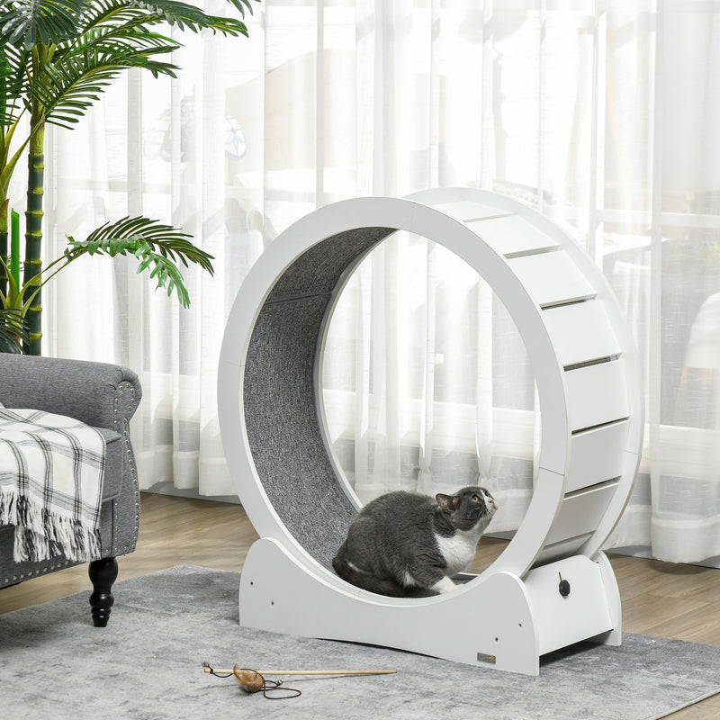PawHut Cat Treadmill, 30 Inch Wooden Cat Running Wheel With Brake, White