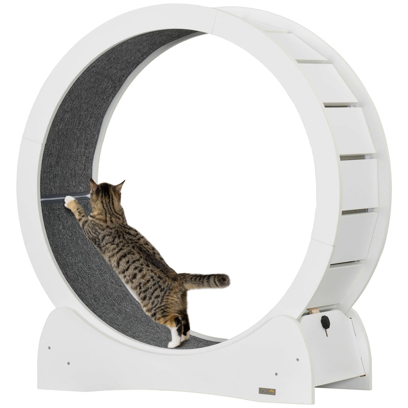 PawHut Cat Treadmill, 30 Inch Wooden Cat Running Wheel With Brake, White