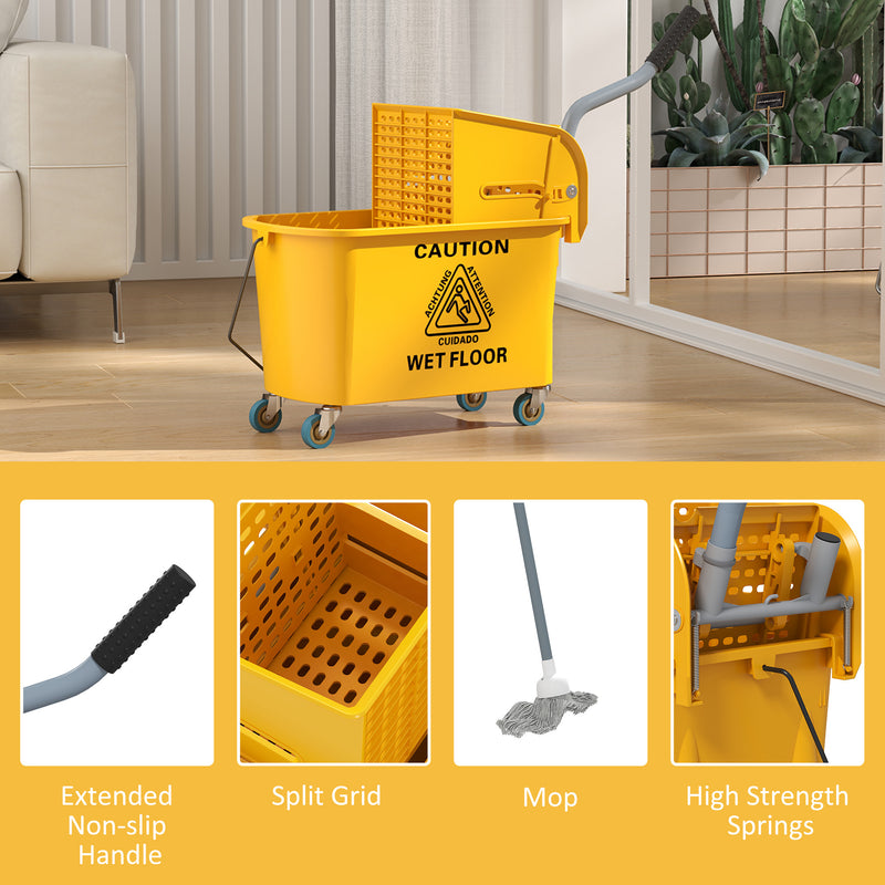 HOMCOM Mop Bucket with Wringer on Wheels for Floor Cleaning 20 Litre Yellow