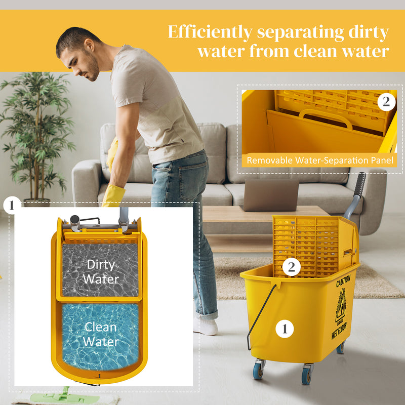 HOMCOM Mop Bucket with Wringer on Wheels for Floor Cleaning 20 Litre Yellow
