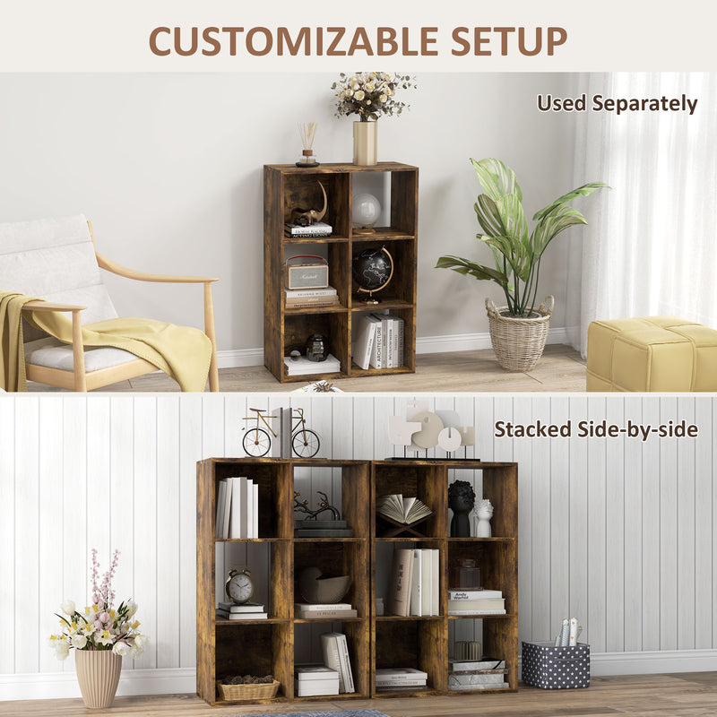 HOMCOM Storage Cabinet Bookcase 6 Cube For Home Office, Rustic Brown