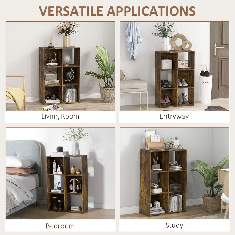 HOMCOM Storage Cabinet Bookcase 6 Cube For Home Office, Rustic Brown