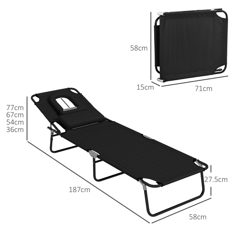 Outsunny Folding Sun Lounger Set of 2 Reclining Chair with Reading Hole Black