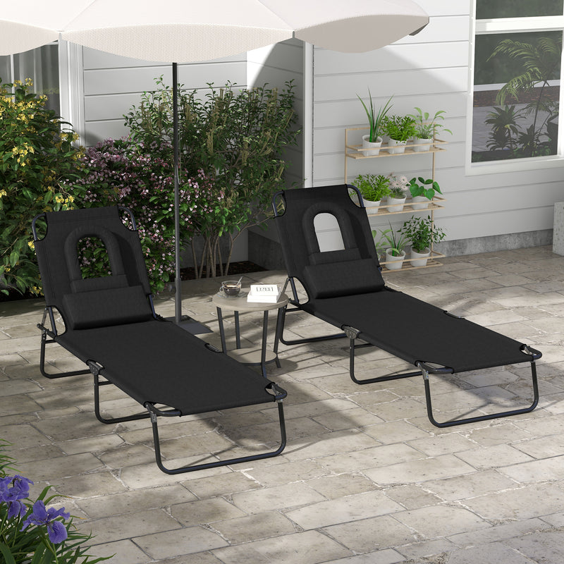 Outsunny Folding Sun Lounger Set of 2 Reclining Chair with Reading Hole Black