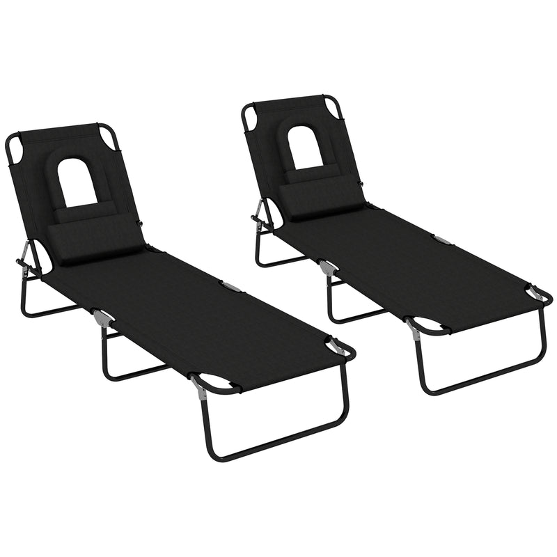 Outsunny Folding Sun Lounger Set of 2 Reclining Chair with Reading Hole Black