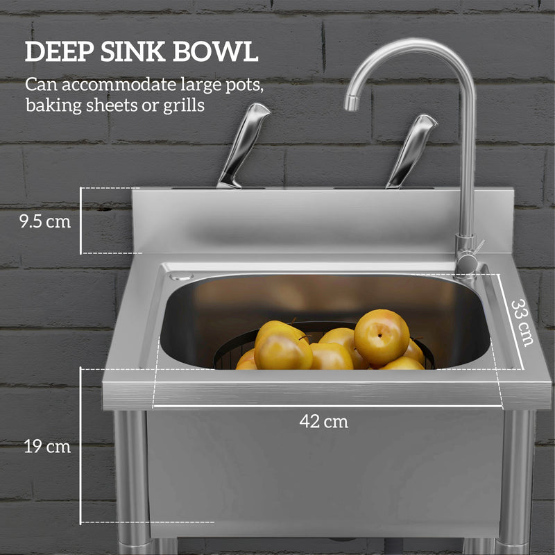 HOMCOM Stainless Steel Utility Sink with Cold and Hot Water Pipe Silver Tone