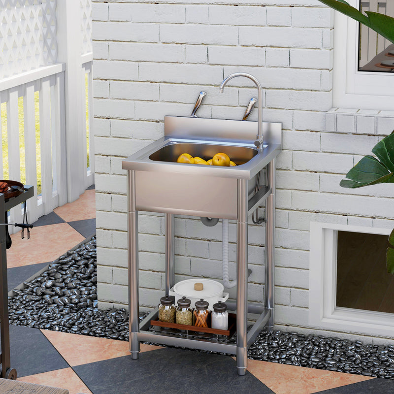 HOMCOM Stainless Steel Utility Sink with Cold and Hot Water Pipe Silver Tone