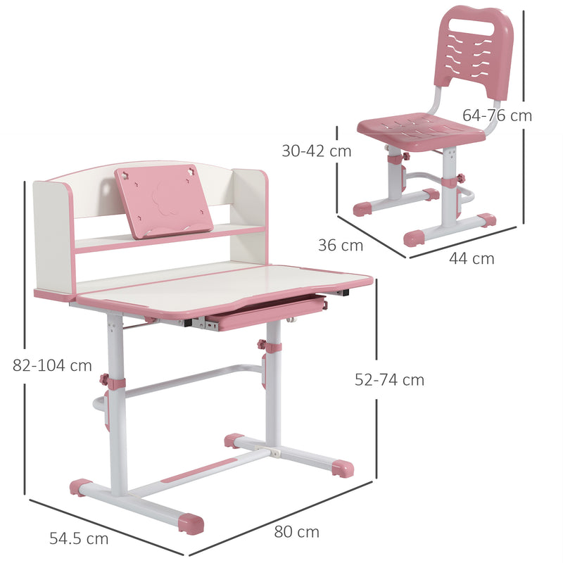 ZONEKIZ Pink Height Adjustable Kids Desk and Chair Set, with Drawer, B
