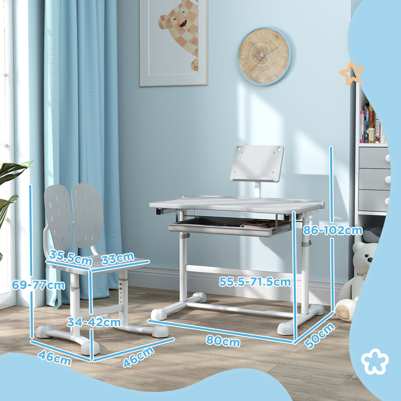 AIYAPLAY Height Adjustable Kids Desk And Chair Set W/ Tilted Desktop - Grey/Pink