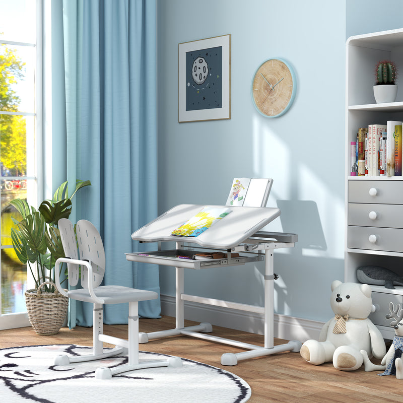 AIYAPLAY Height Adjustable Kids Desk And Chair Set W/ Tilted Desktop - Grey/Pink