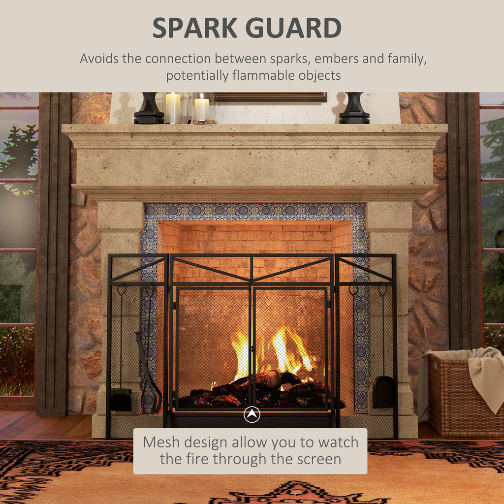 HOMCOM 3 Panel Folding Fire Guard Screen with Fireplace Tool Sets and