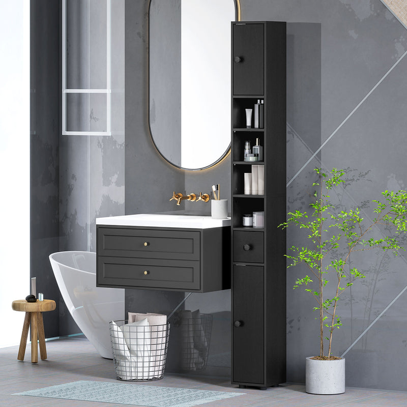 kleankin Slim Bathroom Cabinet, Toilet Roll Storage w/ Open Shelves, Black