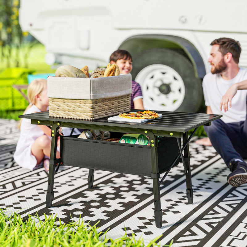 Outsunny Folding Camping Table w/ Adjustable Height, Storage Basket, Black