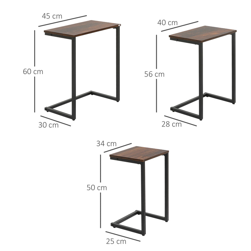 HOMCOM C-Shaped Nesting Tables Set Of 3 With Steel Frame, Rustic Brown