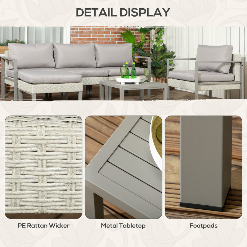 Outsunny 6 PCs Rattan Garden Furniture Set with Table, Cushion, Light Grey