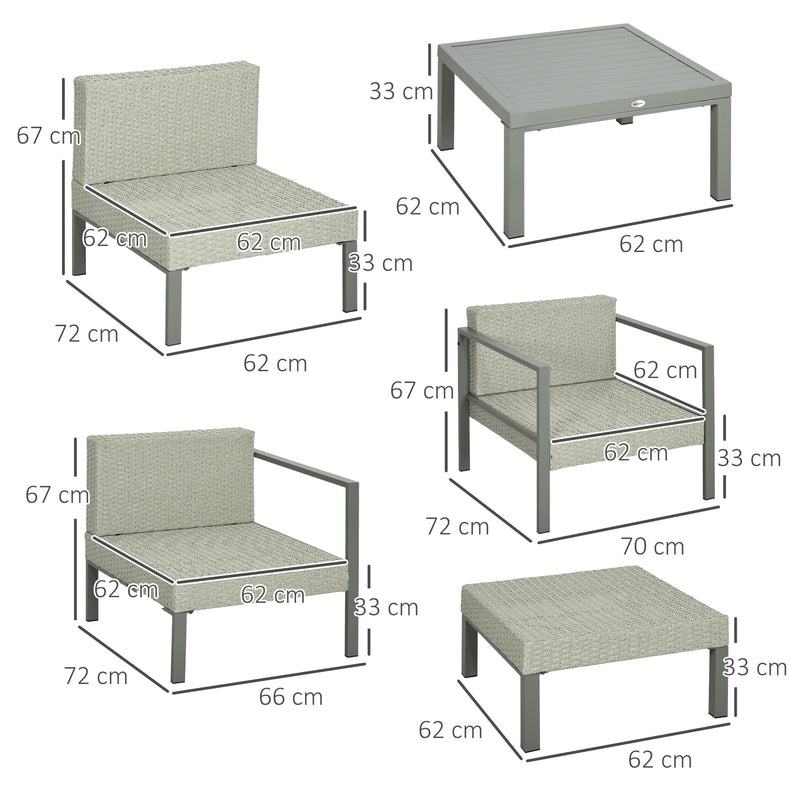 Outsunny 6 PCs Rattan Garden Furniture Set with Table, Cushion, Light Grey