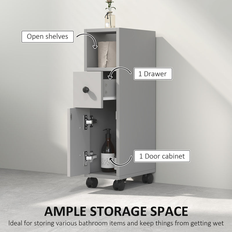 kleankin Slim Bathroom Storage with 2 Drawers, 2 Open and Wheels, Grey