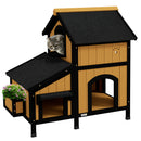 PawHut Wooden Outdoor Cat House w/ Flower Pot, Windows, Multiple Entrances