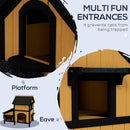 PawHut Wooden Outdoor Cat House w/ Flower Pot, Windows, Multiple Entrances