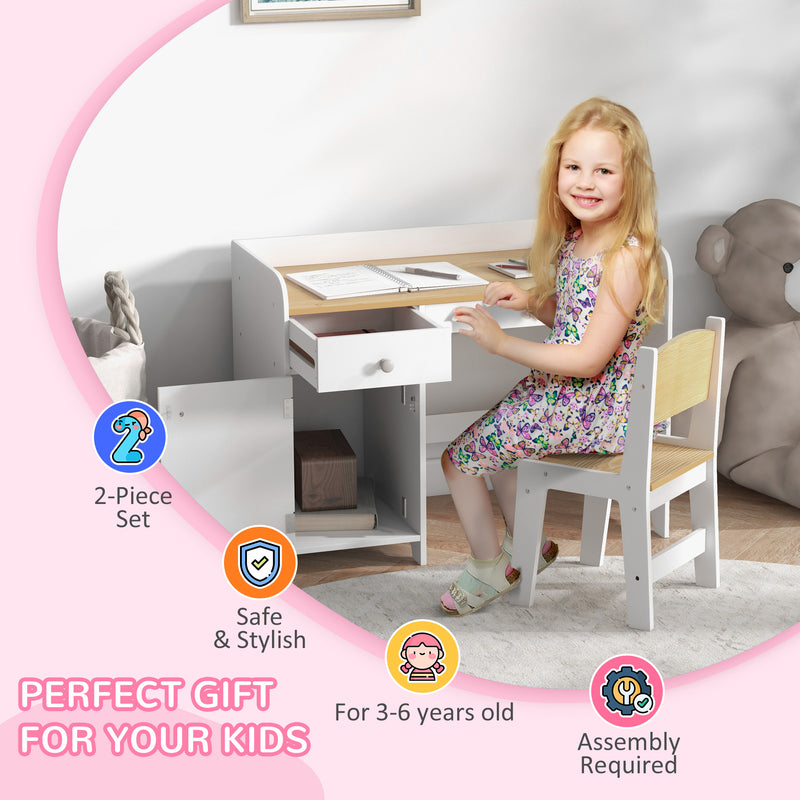 ZONEKIZ Kids Desk and Chair Set for 3-6 Year Old with Storage Drawer, White