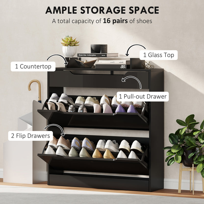 HOMCOM Shoe Cabinet with 3 Drawers, High Gloss Front Panels, Glass Top Black