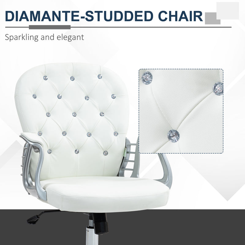 Vinsetto Office Chair PU Diamante Padded Ergonomic 360° Swivel - White/Grey/Pink