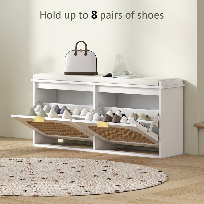 HOMCOM Boho Shoe Bench with Padded Seat and 2 Flip-Drawers