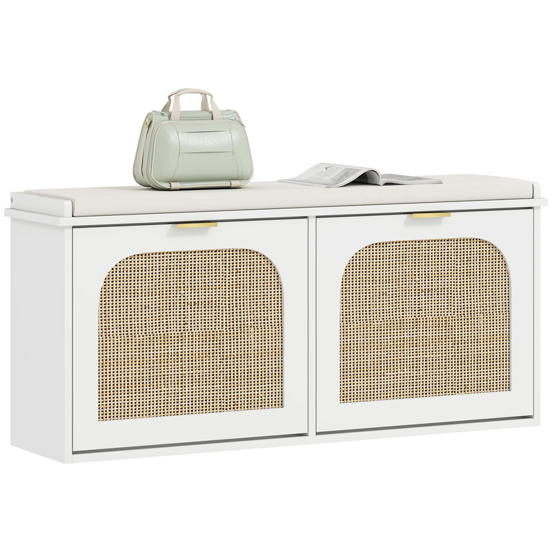 HOMCOM Boho Shoe Bench with Padded Seat and 2 Flip-Drawers