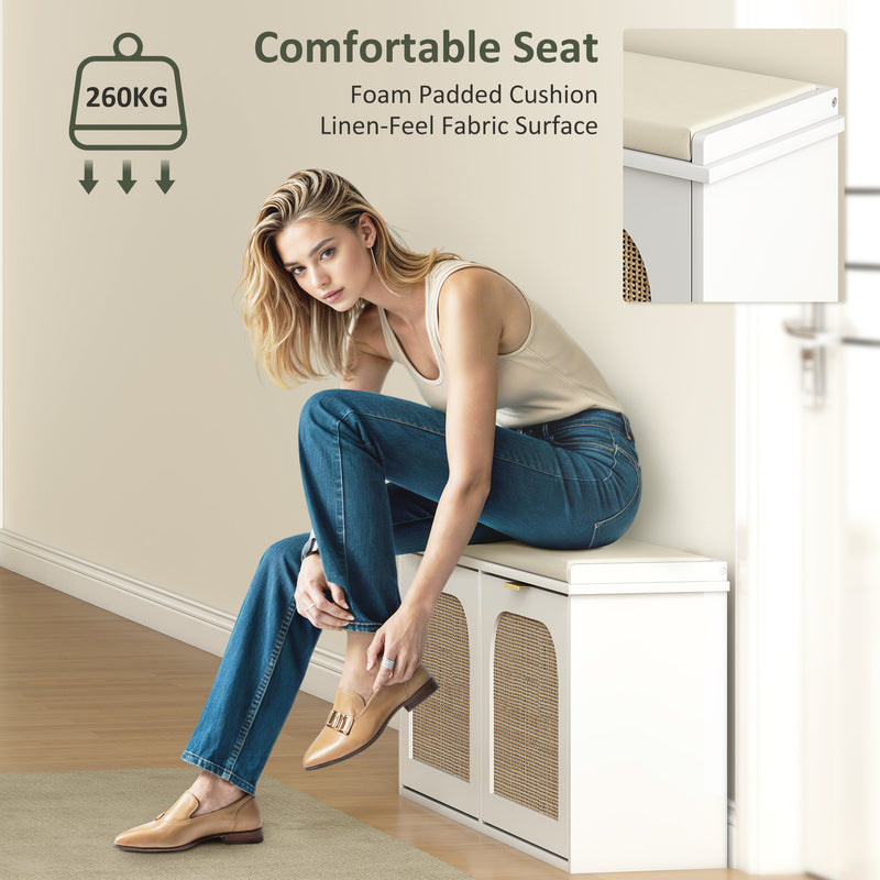 HOMCOM Boho Shoe Bench with Padded Seat and 2 Flip-Drawers