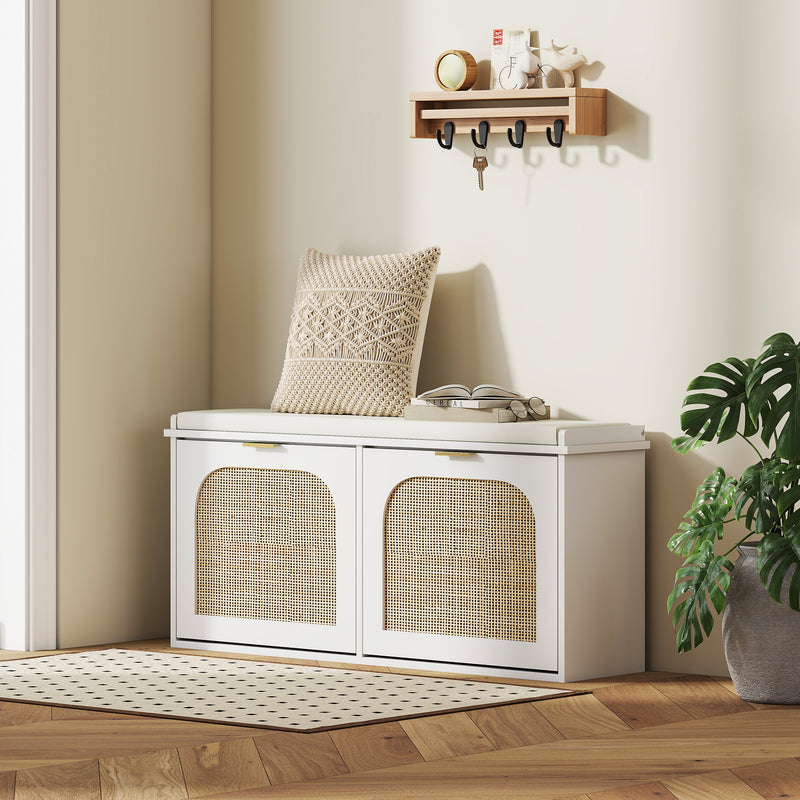HOMCOM Boho Shoe Bench with Padded Seat and 2 Flip-Drawers
