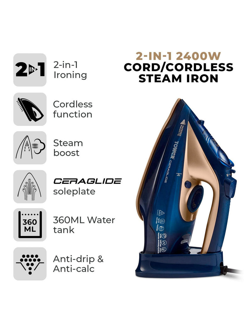 Tower Ceraliglide 2in1 Cordless Steam Iron - Blue/Gold