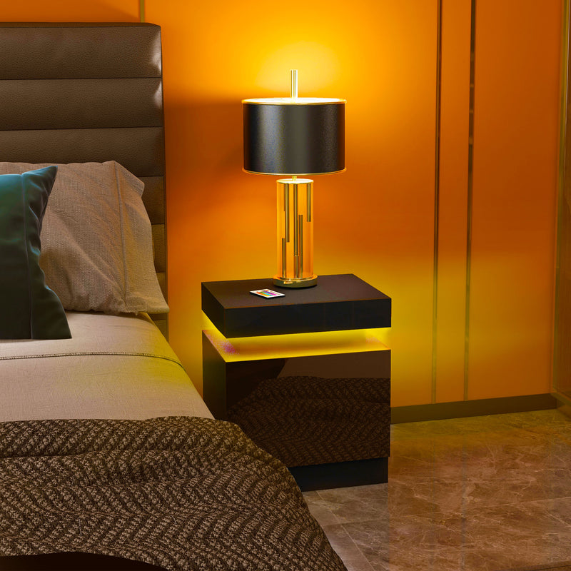 HOMCOM High Gloss Bedside Table with LED Light and 2 Drawers, Black