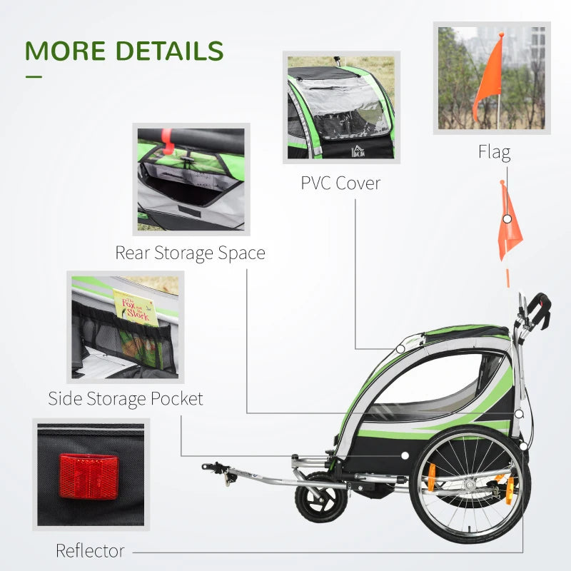 HOMCOM Child Bike Trailer 2 In 1 Baby Stroller = Green