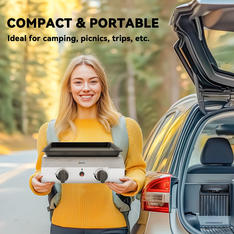 Outsunny Gas Grill, Gas BBQ with Non-Stick Griddle for Camping, Silver Tone