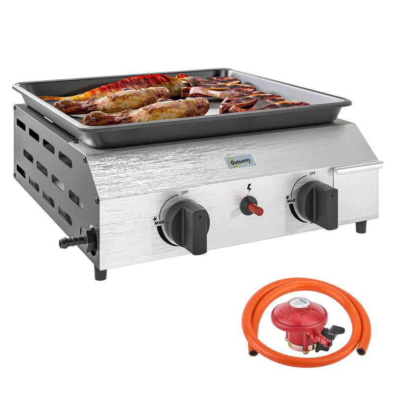 Outsunny Gas Grill, Gas BBQ with Non-Stick Griddle for Camping, Silver Tone