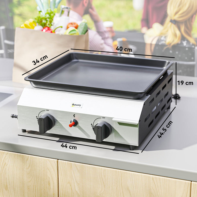 Outsunny Gas Grill, Gas BBQ with Non-Stick Griddle for Camping, Silver Tone