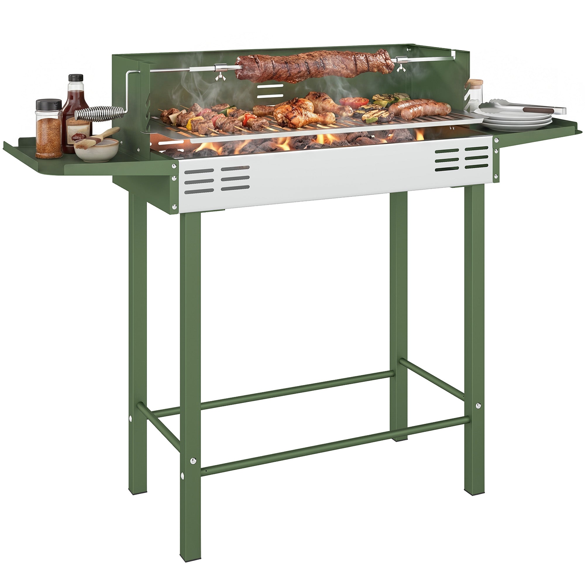 Outsunny Charcoal Spit Roasting Machine w/ 3-Tier Grill Grate, Dark Gr