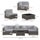 Outsunny 7PC Rattan Garden Furniture Set Coffee Table Buckle Structure, Grey